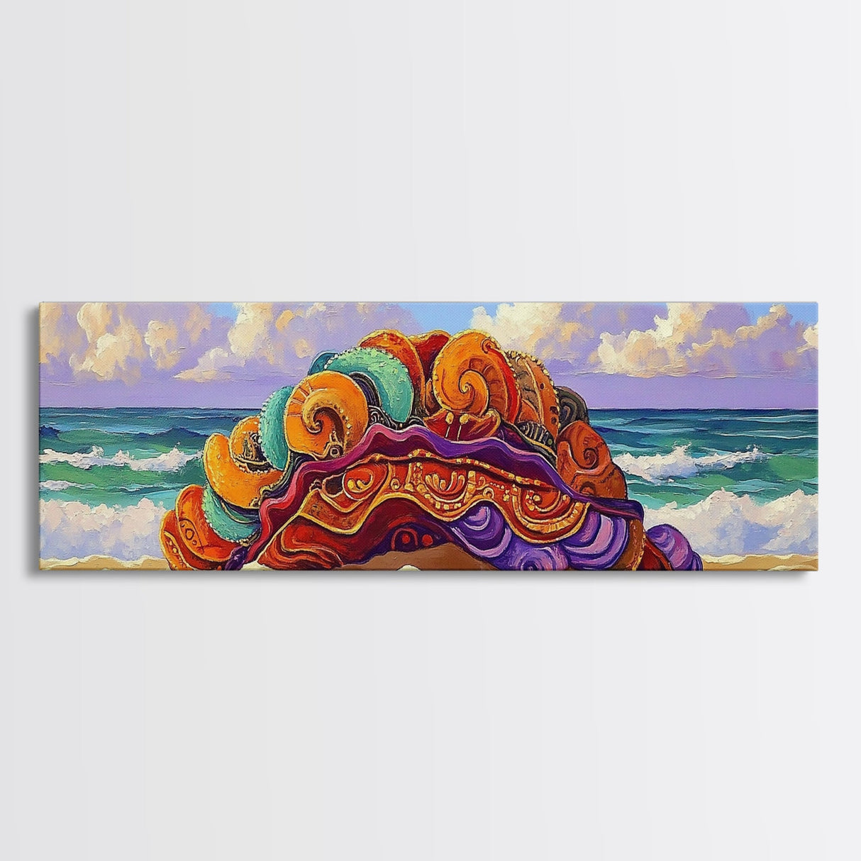 Vibrant Shell Art, Ocean Fantasy, Whimsical Beach, Nature Vibes Framed Canvas Print, Coastal Bathroom Art, Boho Sea Decor