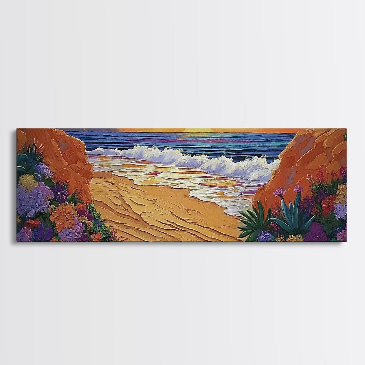 Tropical Cove, Sunset Beach, Colorful Blooms, Coastal Escape Framed Canvas Print, Bedroom Wall Art, Bold Landscape Painting