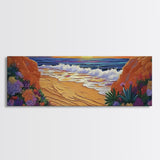 Tropical Cove, Sunset Beach, Colorful Blooms, Coastal Escape Framed Canvas Print, Bedroom Wall Art, Bold Landscape Painting