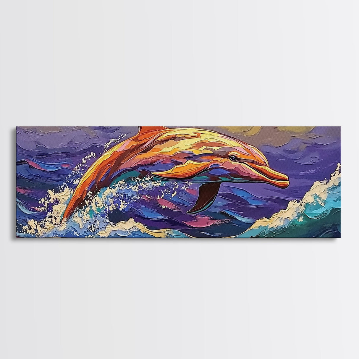 Vibrant Dolphin Art, Ocean Animal Painting, Kids Beach Room Decor, Bold Marine Life Style, Playful Framed Canvas Print, Coastal Vibes