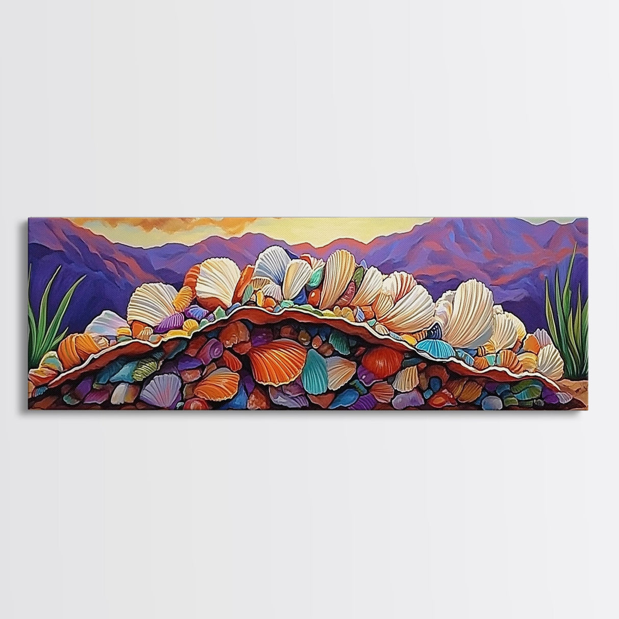 Colorful Shell Art, Coastal Mountain Decor, Ocean Nature Vibes, Beach Shell Wall, Framed Canvas Print, Living Room Coastal Boho Art