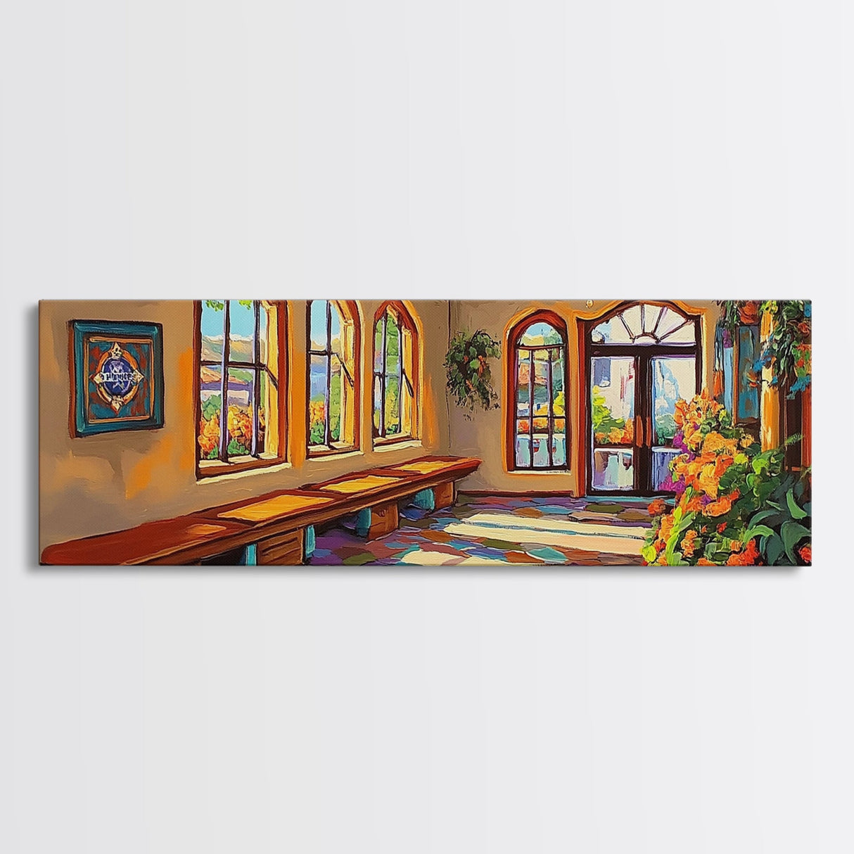 Sunlit Adobe Room, Southwest Architecture Art, Spanish Villa Scene, Rustic Warm Tones, Framed Canvas Print, Hallway Hacienda Decor