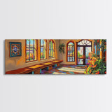 Sunlit Adobe Room, Southwest Architecture Art, Spanish Villa Scene, Rustic Warm Tones, Framed Canvas Print, Hallway Hacienda Decor