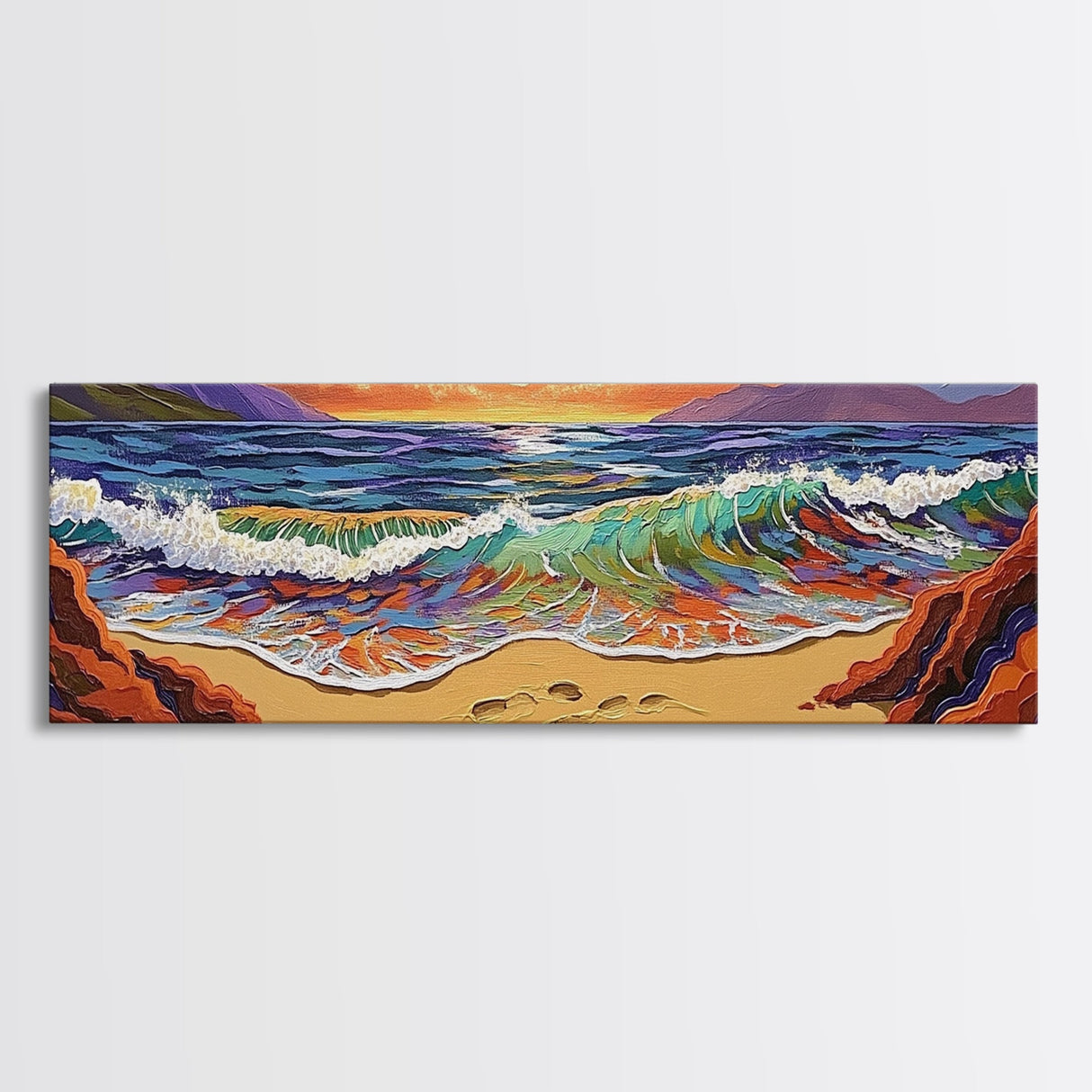 Sunset Shore View, Vibrant Ocean Wave, Footprints in Sand, Coastal Seascape Art, Framed Canvas Print, Beach House Wall Decor