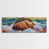 Rocky Shoreline Scene, Vibrant Sea Garden, Coastal Wave Power, Nature Texture Painting, Framed Canvas Print, Ocean Lover Wall Art
