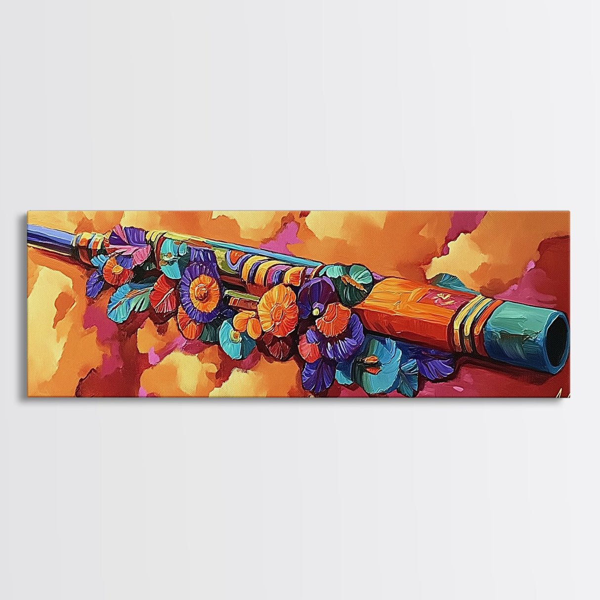 Painted Flute Art, Musical Decor Accent, Southwest Folk Music, Warm Boho Wall Vibe, Framed Canvas Print, Eclectic Music Room Art