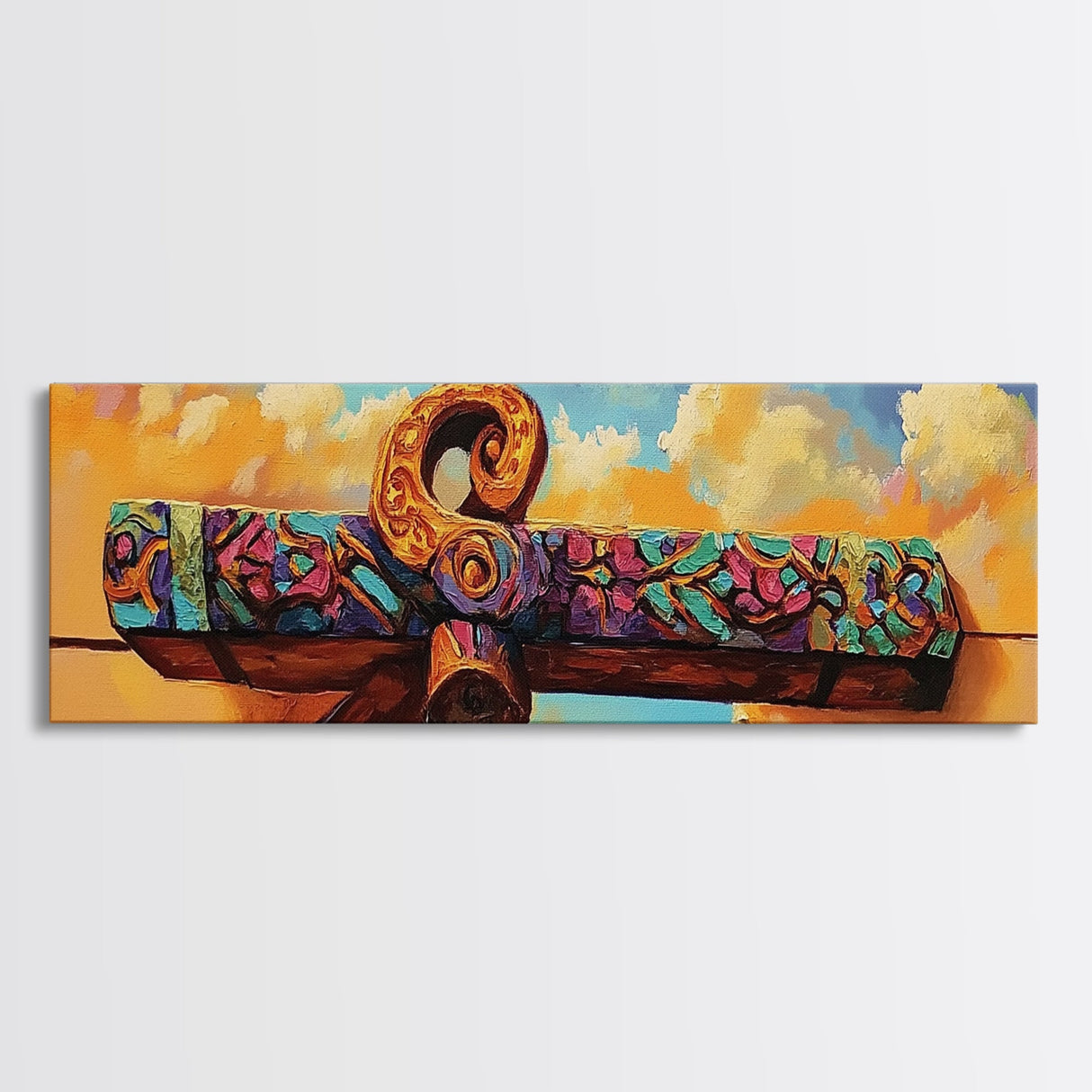Folk Carved Beam, Southwest Wood Detail, Rustic Architecture Art, Colorful Entryway Style, Framed Canvas Print, Warm Wall Decor