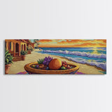 Sunset Beach, Ocean Fruit Bowl, Coastal Vibes, Framed Canvas Print, Tropical Kitchen Wall Art, Colorful Seaside Home Decor