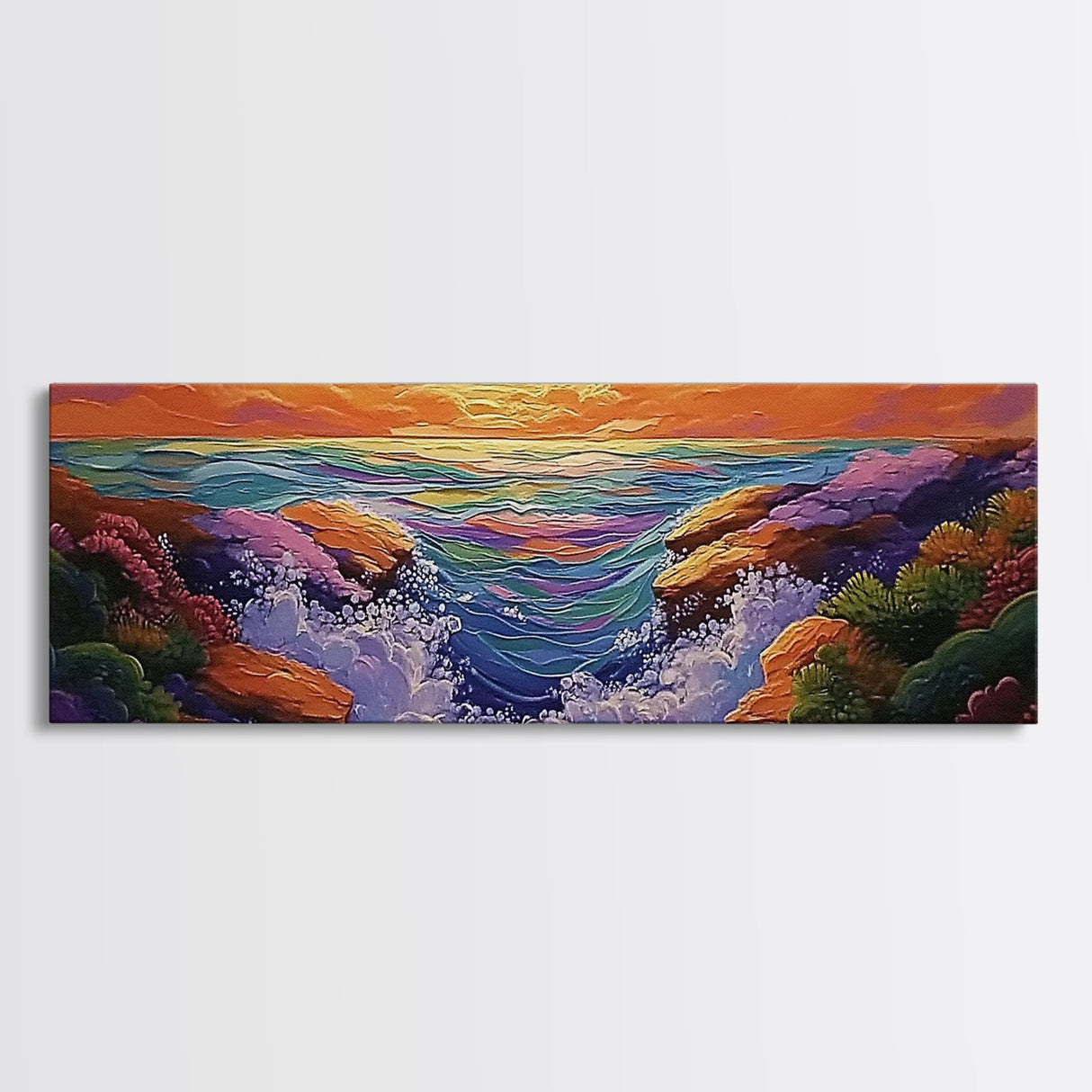 Sunset Coast, Vibrant Waters, Ocean Rocks, Canvas Print, Dreamy Beach Wall Art, Bright Living Room Decor, Boho Seascape Scene