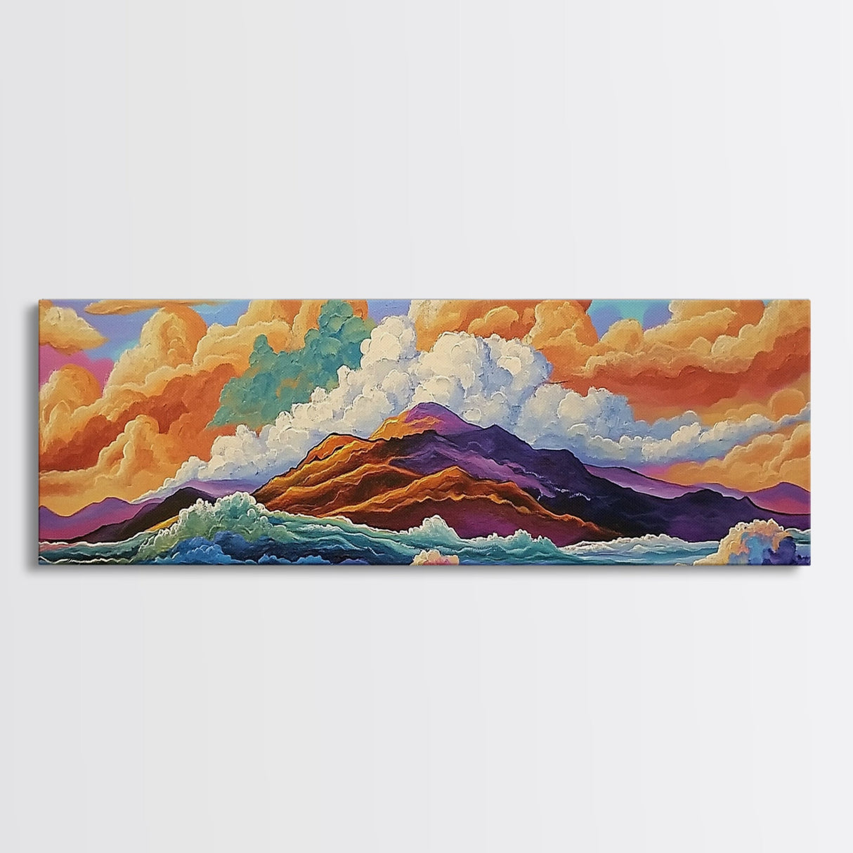 Mountain Coast, Color Clouds, Seaside Vibes, Framed Canvas Print, Tropical Landscape Art, Sunset Wall Decor, Bright Ocean Style