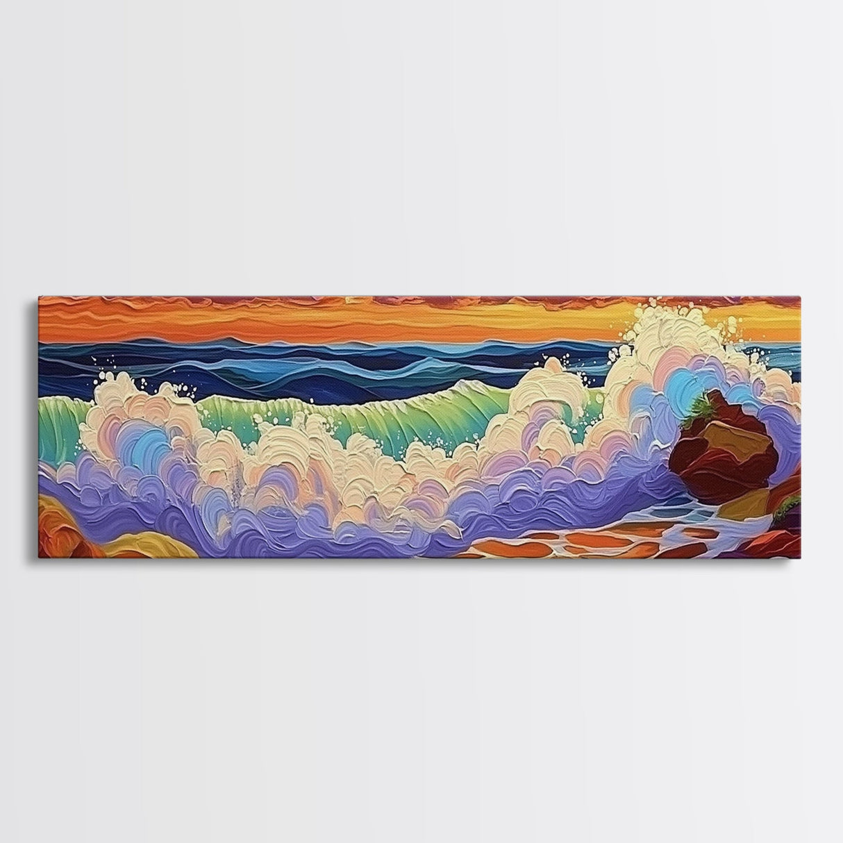Ocean Waves, Splashing Surf, Bold Colors, Framed Canvas Print, Vibrant Coastal Wall Art, Bathroom Beach Decor, Tropical Ocean Vibes