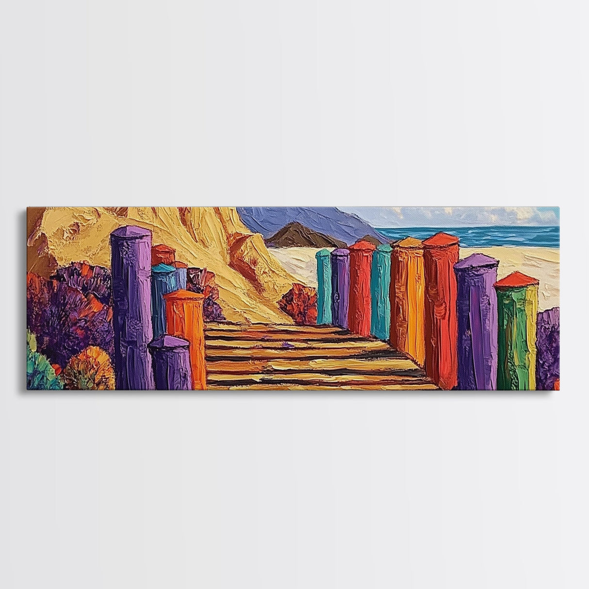 Colorful Cabins, Beach Path, Coastal Walkway, Vibrant Landscape, Canvas Print, Entryway Wall Art, Beach House Art, Bold Palette Decor