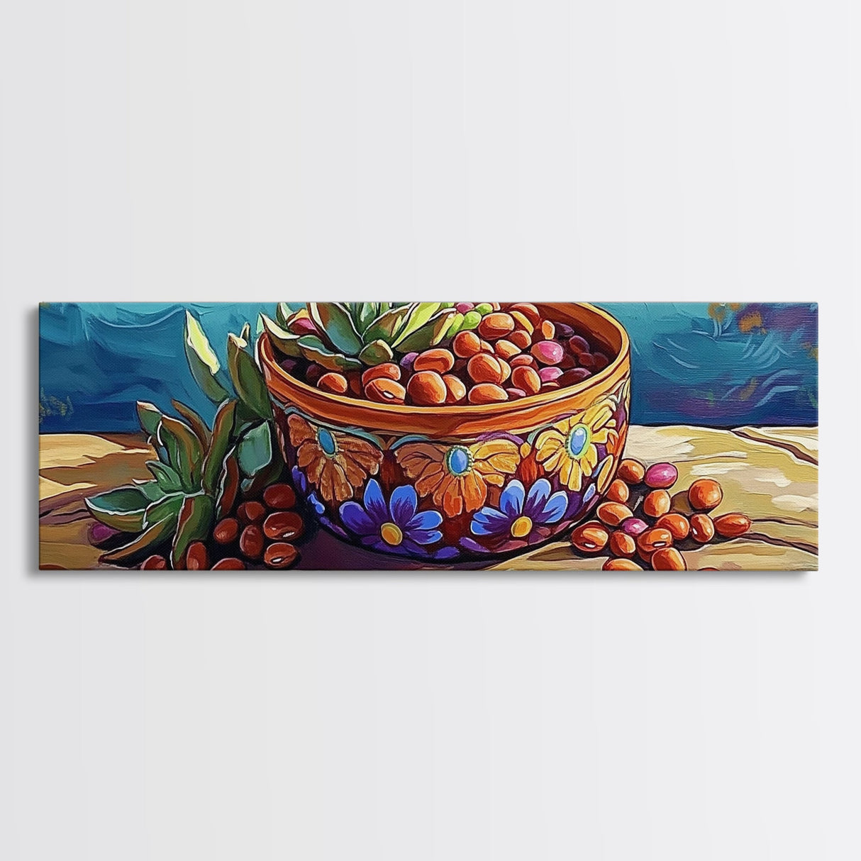 Succulent Bowl, Kitchen Decor, Colorful Talavera, Canvas Print, Mexican Pottery Art, Rustic Kitchen Wall Art, Vibrant Boho Style