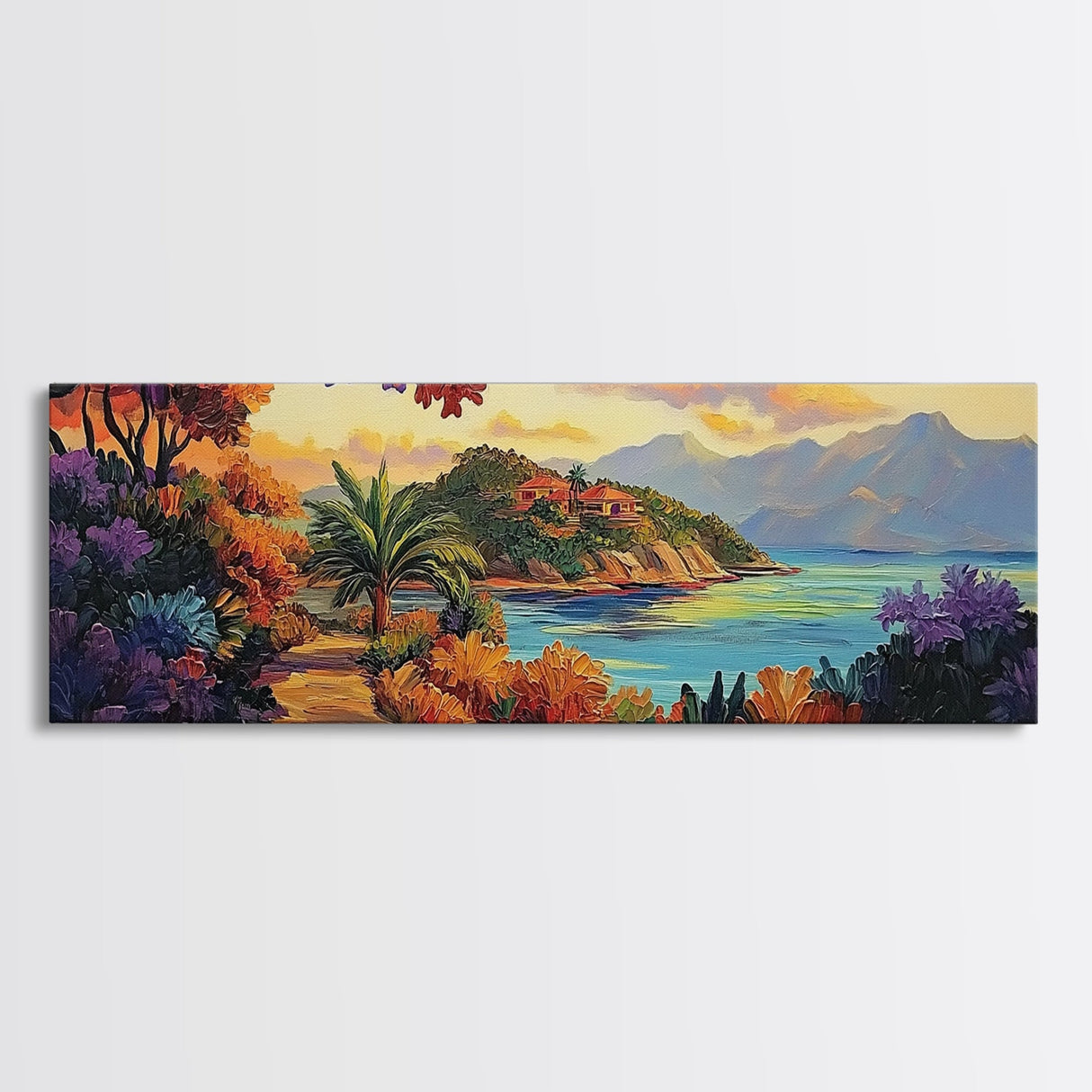 Island Retreat, Ocean View, Palm Trees, Colorful Foliage, Framed Canvas Print, tropical wall art, boho living room accent piece