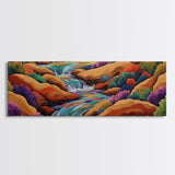 Waterfall Path, Desert Stream, Colorful Bushes, Sunset Flow, Framed Canvas Print, nature inspired art, spa room decor, zen wall style