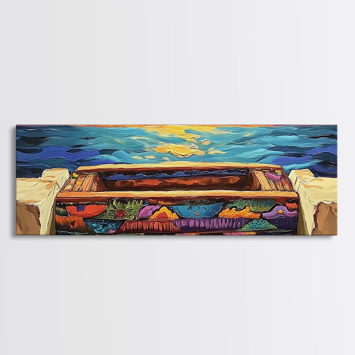 Sunset Pier, Ocean Horizon, Bold Seascape, Framed Canvas Print, Beach House Wall Art, Coastal Dining Room Decor, Vibrant Nautical Art