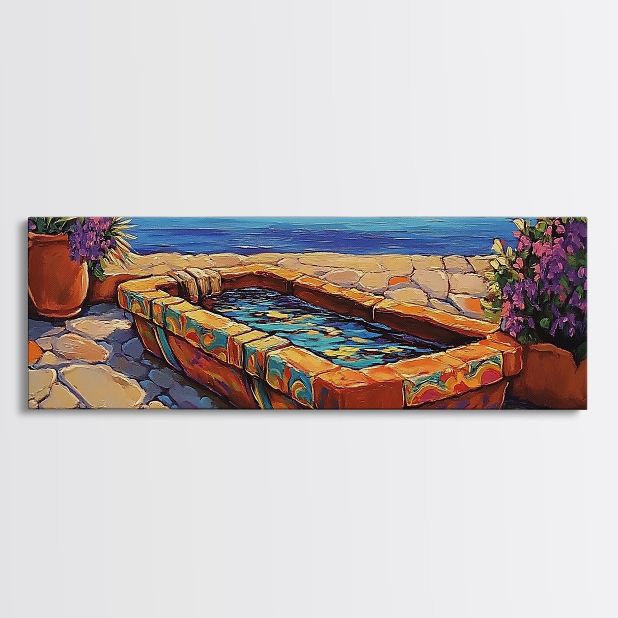 Sunset Garden View, Mediterranean Patio, Vibrant Colors, Coastal Escape, Framed Canvas Print, Bathroom Wall Art, Colorful Outdoor Art