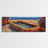 Sunset Garden View, Mediterranean Patio, Vibrant Colors, Coastal Escape, Framed Canvas Print, Bathroom Wall Art, Colorful Outdoor Art