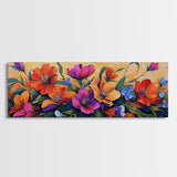 Vibrant Floral Burst, Sunset Garden, Colorful Flowers, Bold Leaves, Canvas Print, Living Room Wall Art, Boho Botanical Style