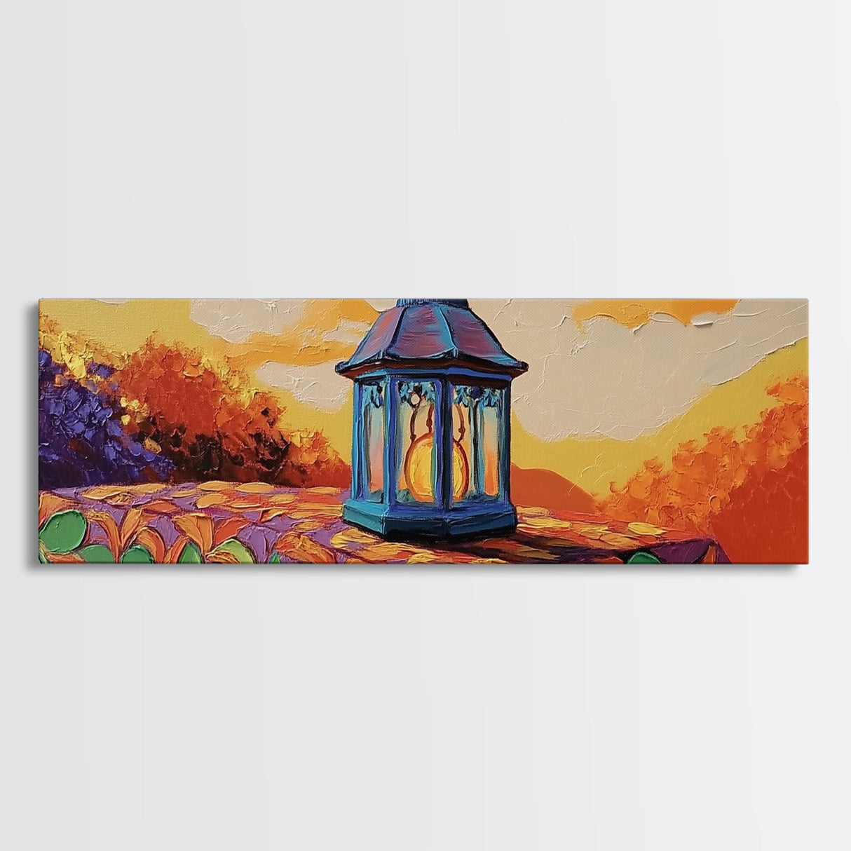 Lantern Glow Moment, Rustic Fall Lantern, Sunset Patio Wall Art, Canvas Print, Autumn Porch Decor, Warm Country Home Artwork