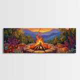Mountain Campfire Glow, Forest Bonfire Scene, Sunset Wilderness Art, Canvas Print, Autumn Living Room Decor, Rustic Outdoor Vibe