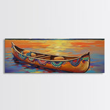 Sunset Lake Canoe, Peaceful Evening Art, Autumn Water Scene, Canvas Print, Rustic Cabin Wall Art, Colorful Lakehouse Decor
