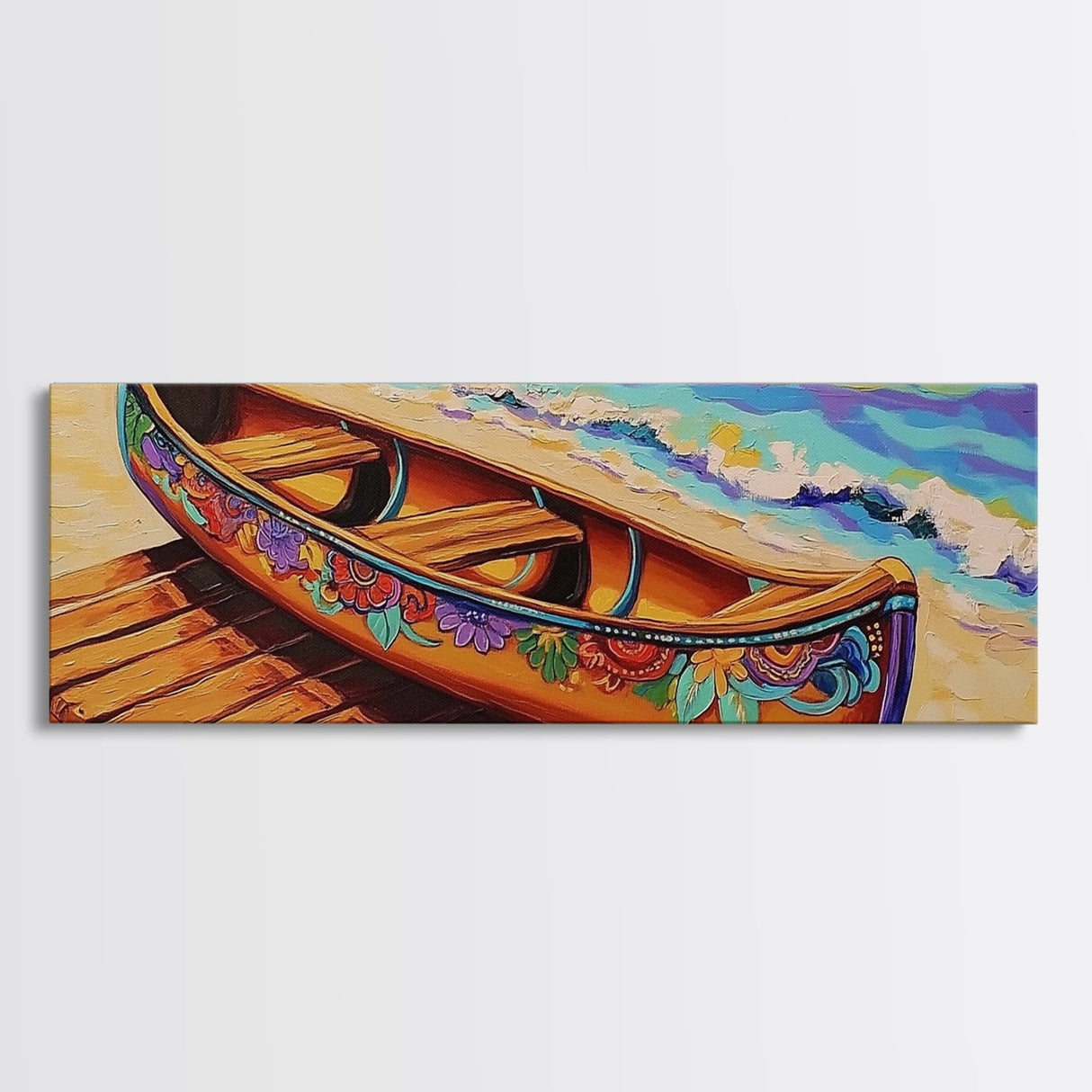 Floral Canoe Painting, Beachside Dock Art, Coastal Decor Accent, Canvas Print, Nautical Wall Art, Boho Beach House Living Room