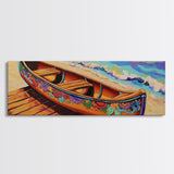 Floral Canoe Painting, Beachside Dock Art, Coastal Decor Accent, Canvas Print, Nautical Wall Art, Boho Beach House Living Room