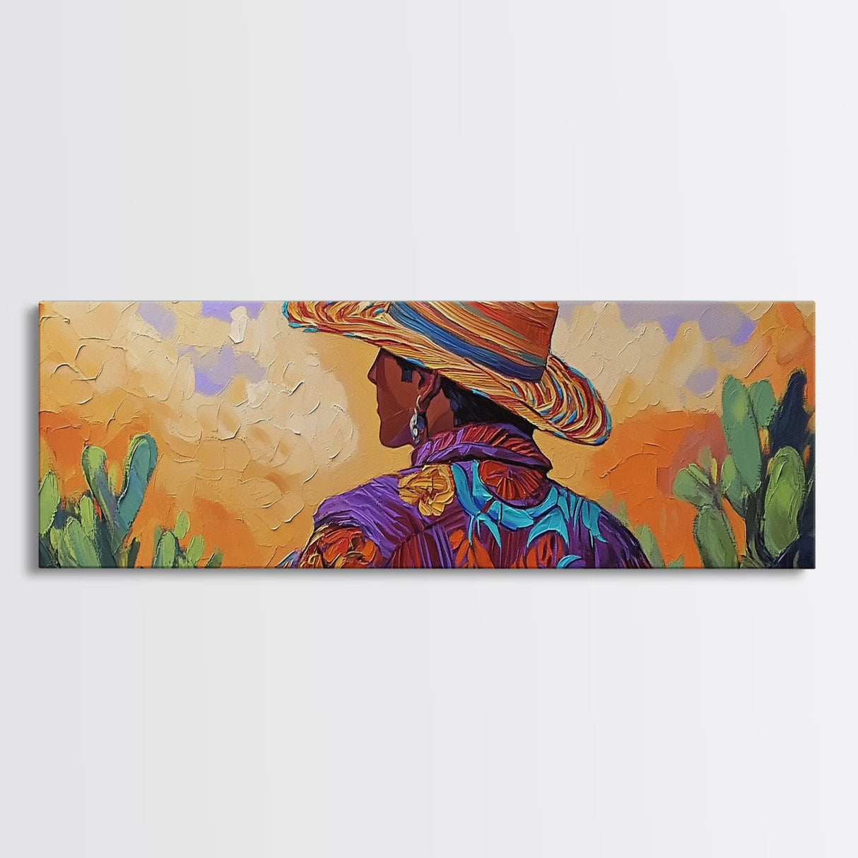 Mexican Cowboy, Sunset Western Portrait, Vibrant Hat Man, Desert Decor, Framed Canvas Print, Boho Art, Rustic Living Room Wall Art