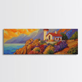 Lighthouse View, Ocean Sunset, Seaside House, Framed Canvas Print, Beach Coastal Decor, Nautical Living Room Art, Bold Color Art