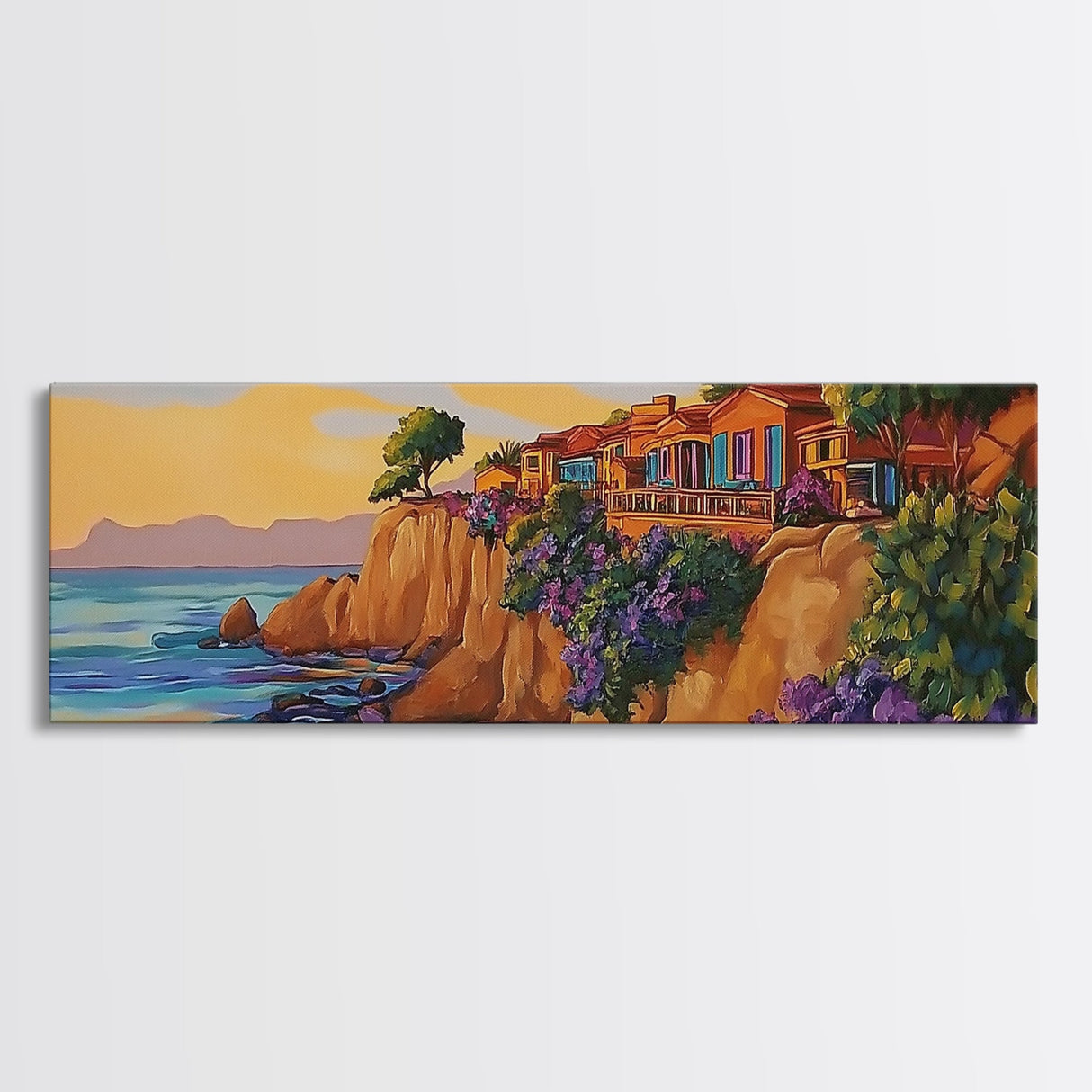 Seaside Villas, Coastal Cliff, Ocean Sunset, Framed Canvas Print, Beach House Art, Colorful Home Decor, Bold Tropical Landscape Art