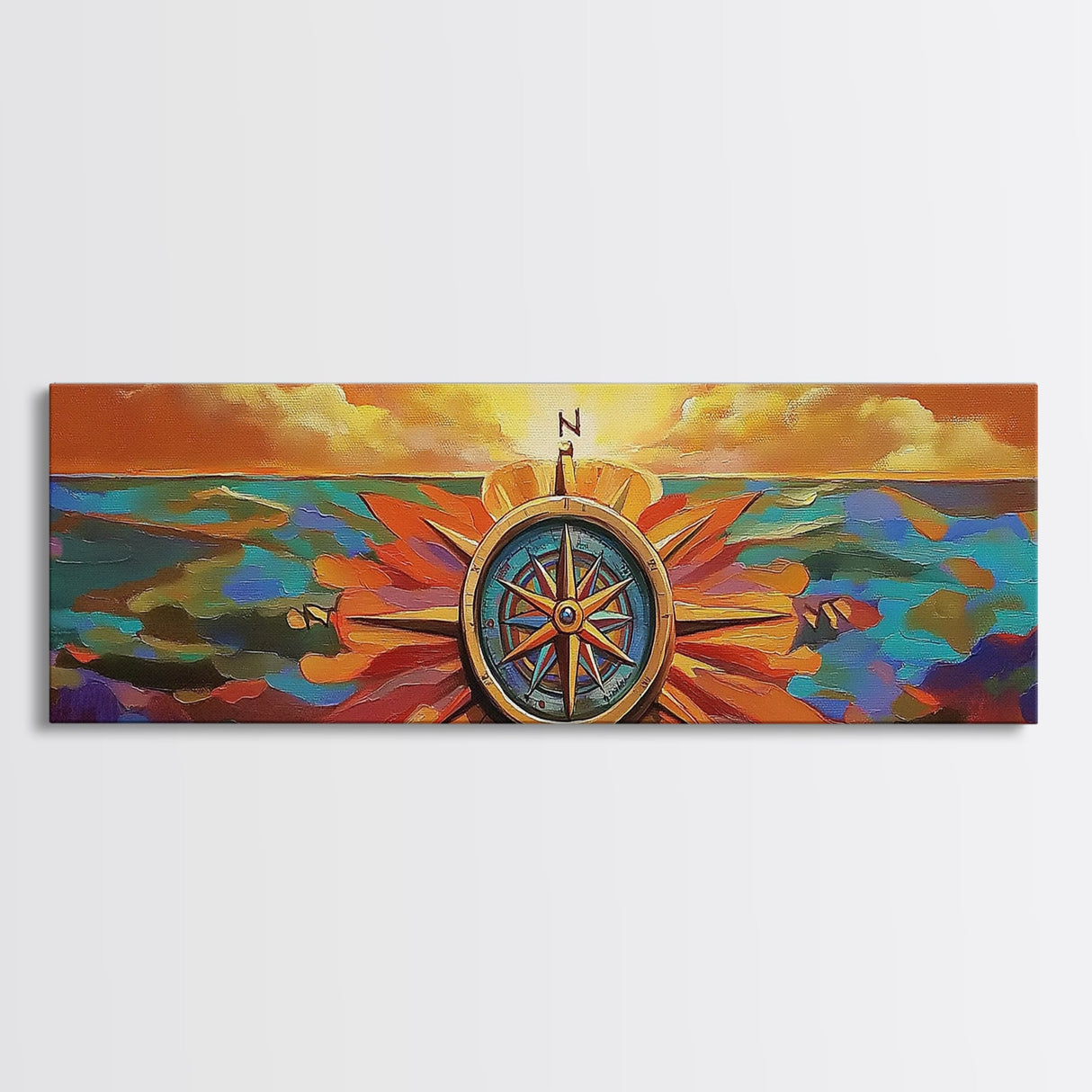 Compass Rose, Nautical Decor, Seafaring Art, Sunset Ocean, Framed Canvas Print, Beach House Art, Office Wall Art, Boho Travel Art