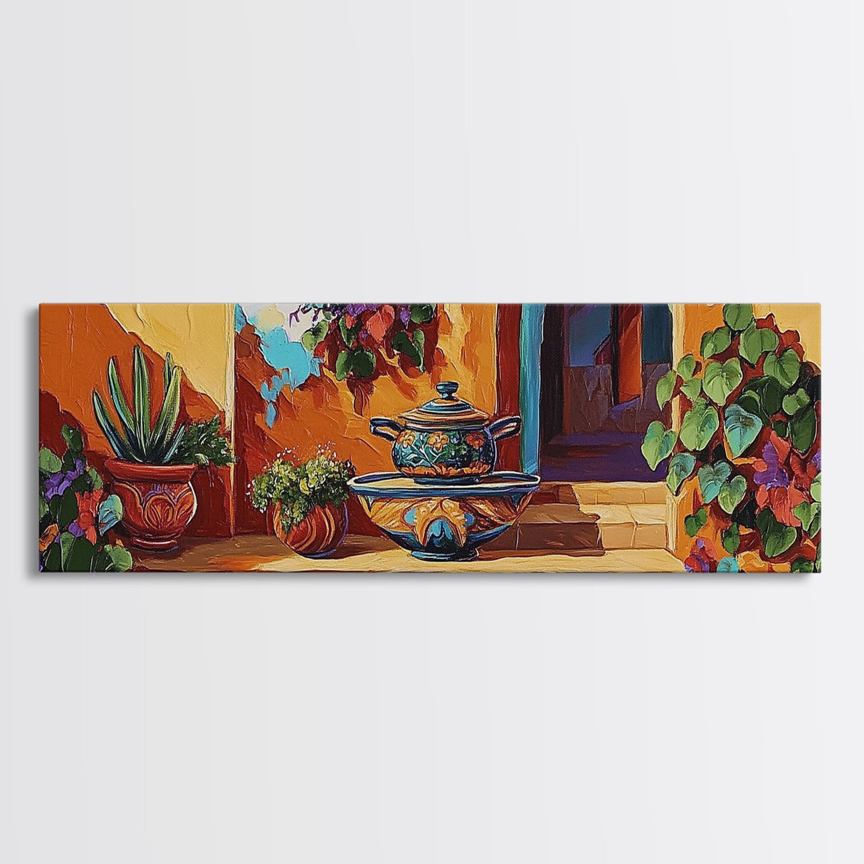 Mexican Pottery, Rustic Charm, Colorful Courtyard, Desert Plants, Framed Canvas Print, Kitchen Wall Art, Boho Decor, Spanish Style Art