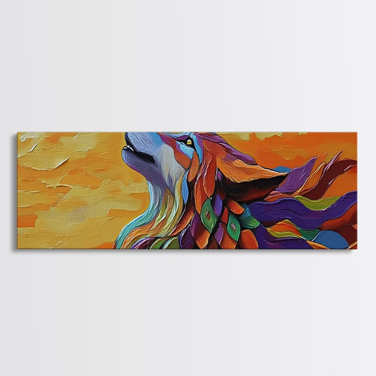 Colorful Wolf, Spirit Animal, Autumn Sky, Boho Vibes, Framed Canvas Print, Eclectic Wall Art, Bedroom Accent, Mystical Animal Painting
