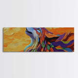 Colorful Wolf, Spirit Animal, Autumn Sky, Boho Vibes, Framed Canvas Print, Eclectic Wall Art, Bedroom Accent, Mystical Animal Painting