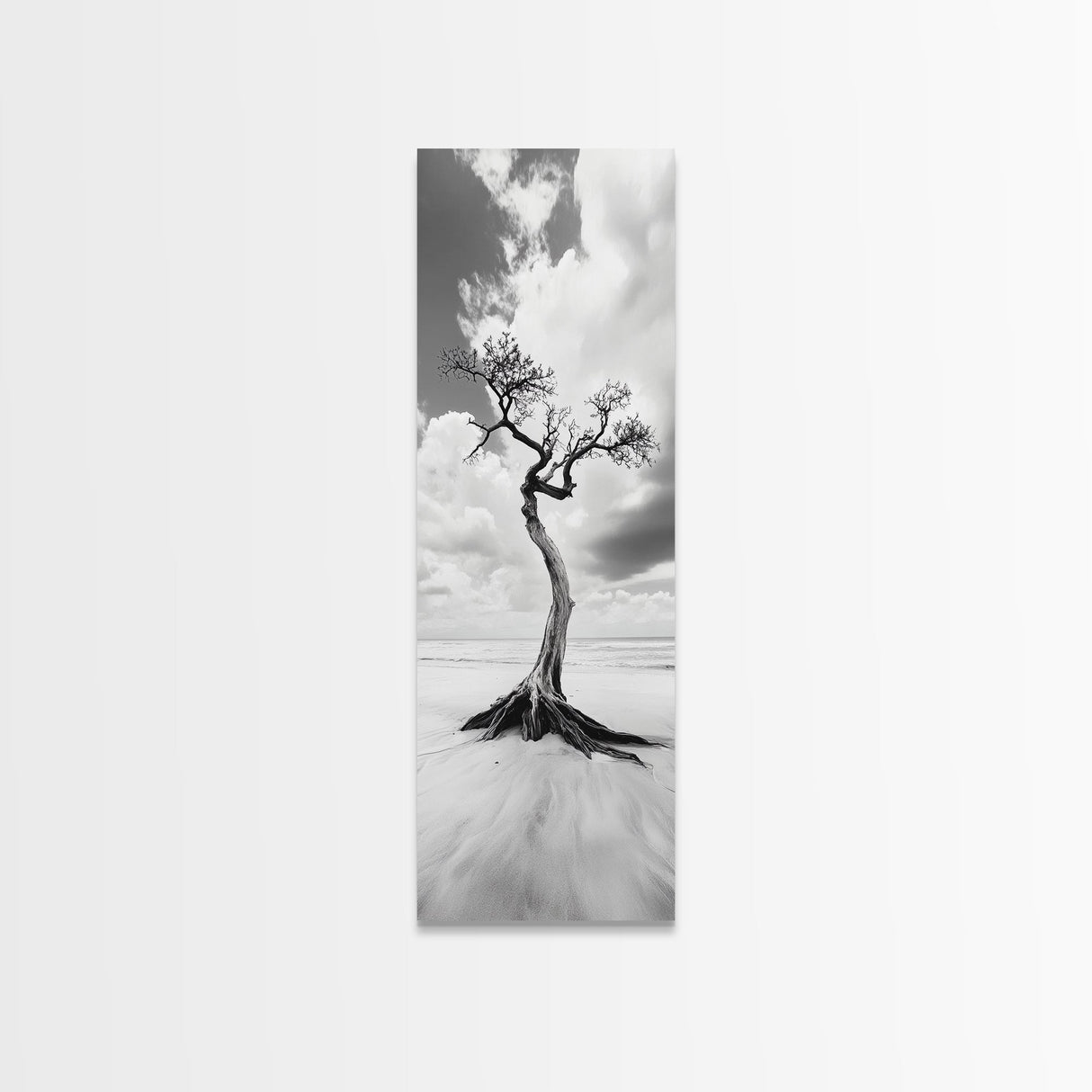 Solitary Tree, Beach Art, Surreal Landscape, Moody Wall Decor, Framed Canvas Print, Meditation Room Art, Monochrome Nature Style