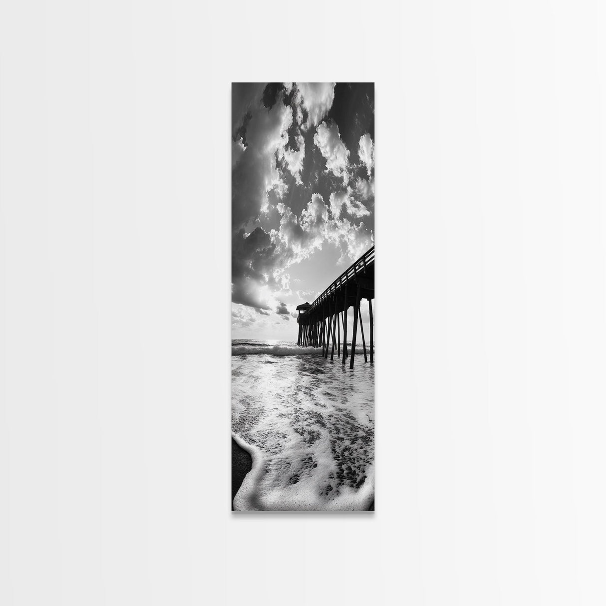 Pier at Sunrise, Ocean Horizon Print, Seascape Photography, Framed Canvas Print, Coastal Bathroom Wall Art, Nautical Theme Decor