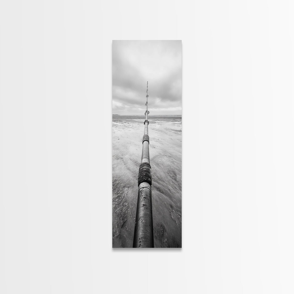 Pipeline Perspective, Industrial Seascape, Grunge Aesthetic, Framed Canvas Print, Coastal industrial art, Minimalist hallway decor, Monochrome print