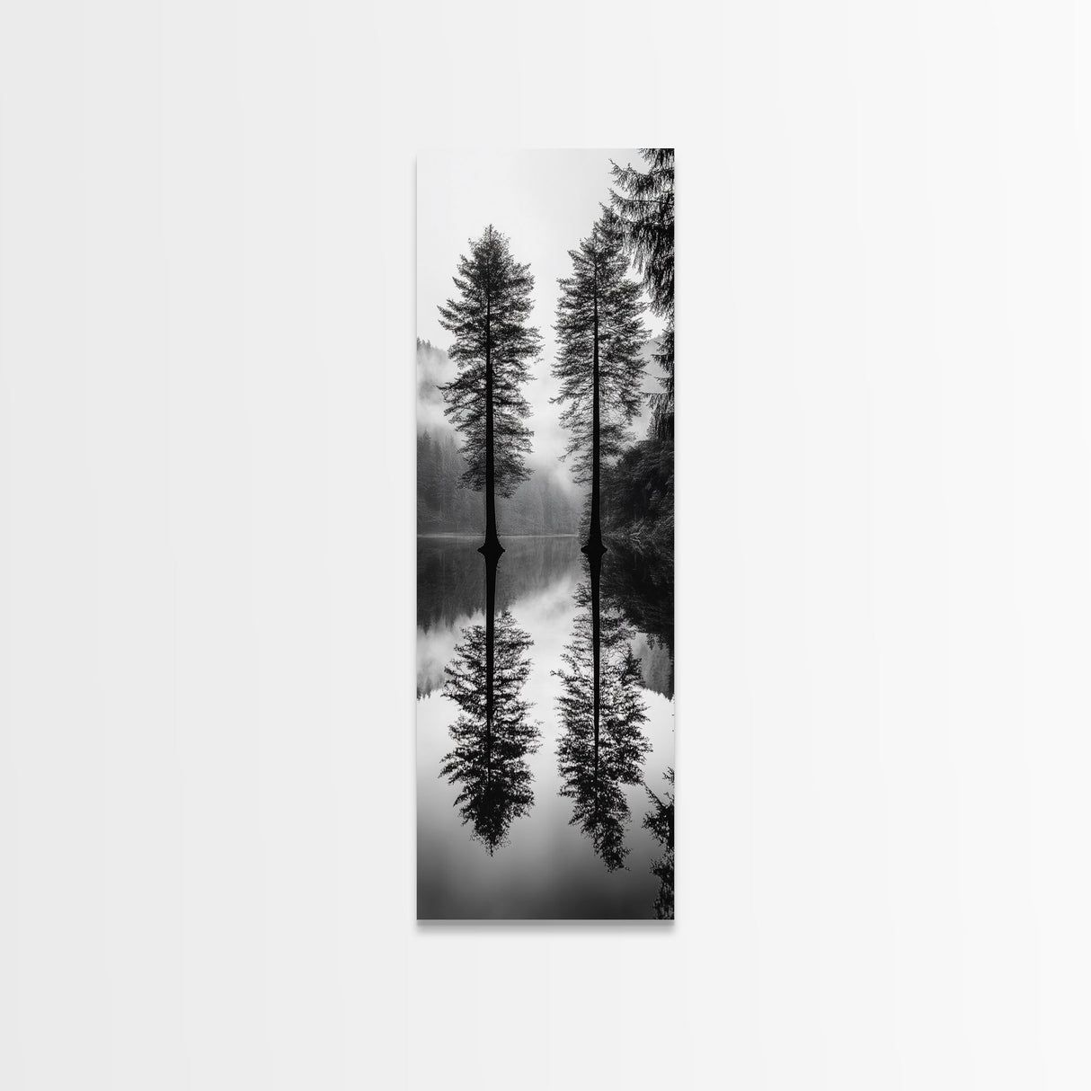 Twin Pines, Forest Reflection, Misty Lake, Black and White Nature, Framed Canvas Print, Living Room Wall Art, Nature Photography, Zen Decor