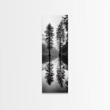 Twin Pines, Forest Reflection, Misty Lake, Black and White Nature, Framed Canvas Print, Living Room Wall Art, Nature Photography, Zen Decor