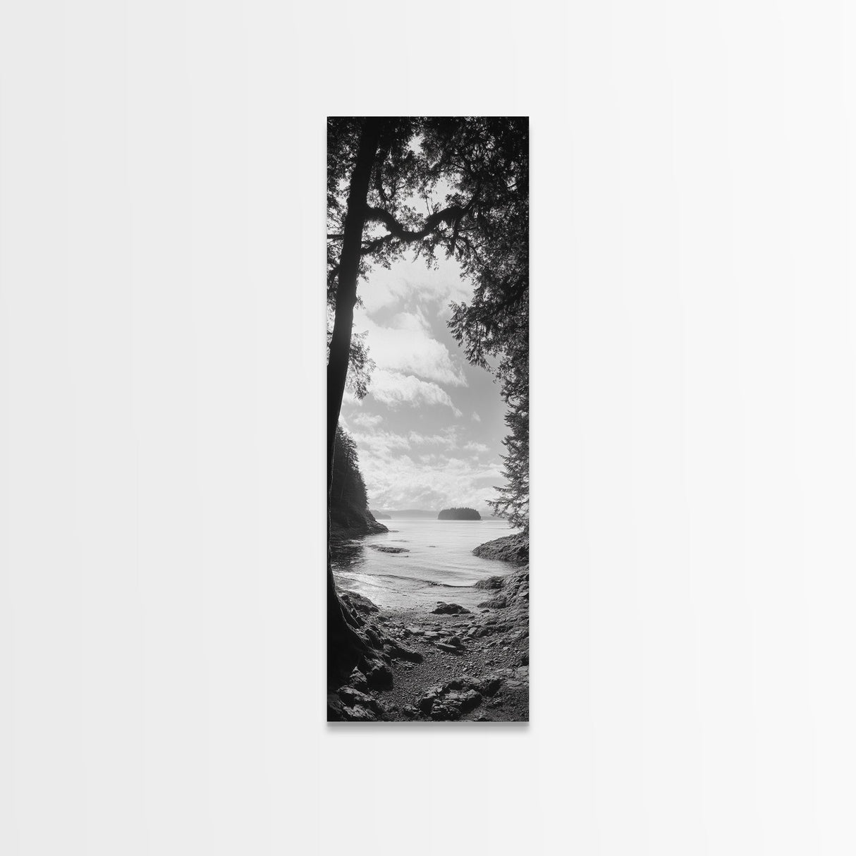 Island View, Forest Coastline, Secluded Shore, Tranquil Ocean Scene, Canvas Print, Boho Decor, Entryway Wall Art, Nature Wall Aesthetic