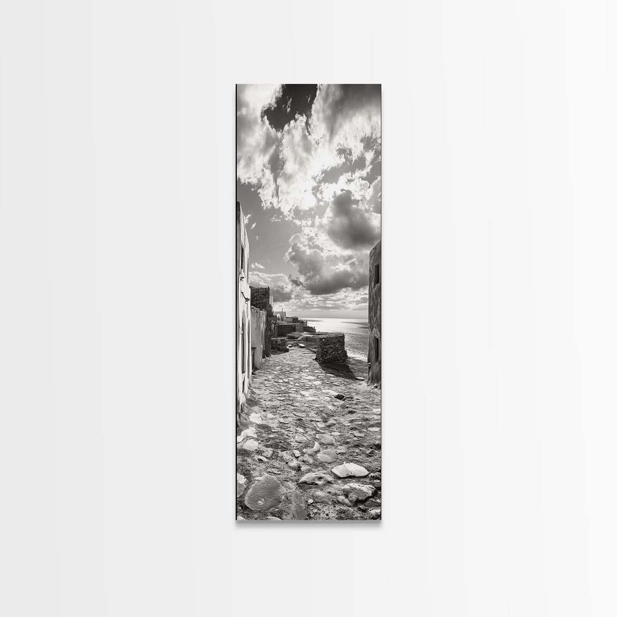 Coastal Street, Ocean View, Mediterranean Charm, Monochrome Photography, Framed Canvas Print, Living Room Print, Kitchen Wall Art