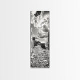 Coastal Street, Ocean View, Mediterranean Charm, Monochrome Photography, Framed Canvas Print, Living Room Print, Kitchen Wall Art