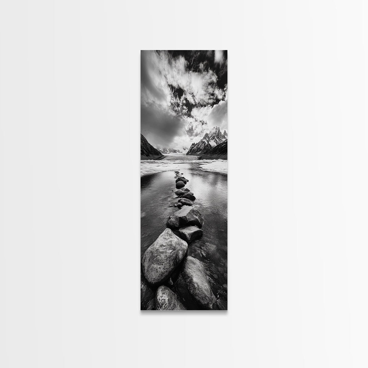 Mountain Stream, Stone Path, Black and White Nature, Scenic Landscape, Framed Canvas Print, Modern Cabin or Rustic Wall Decor, Office Art