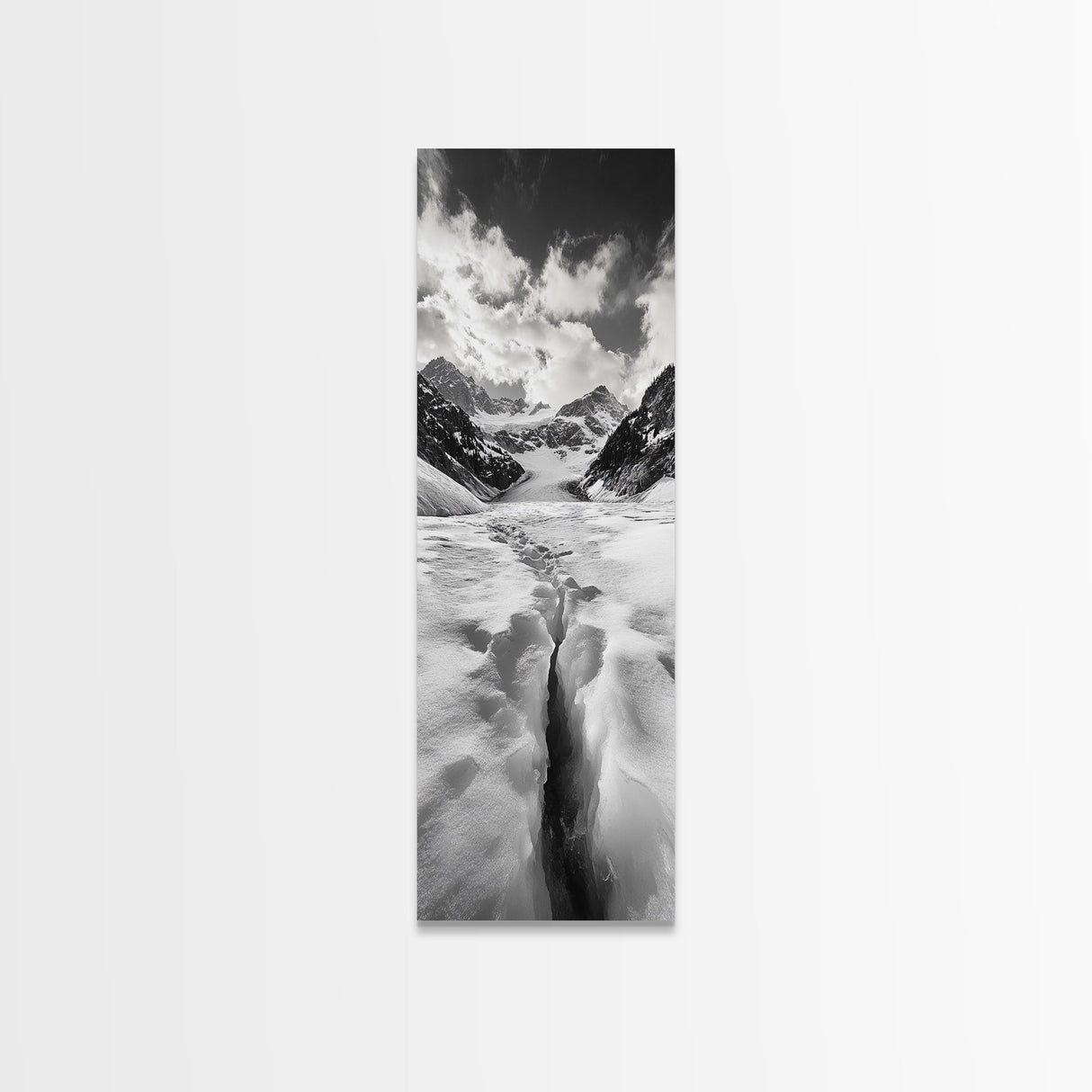 Glacier Trail, Snowy Valley, Black and White Mountain Art, Crevasse Texture, Canvas Print, Winter Landscape, Office Print, Entry Wall Art