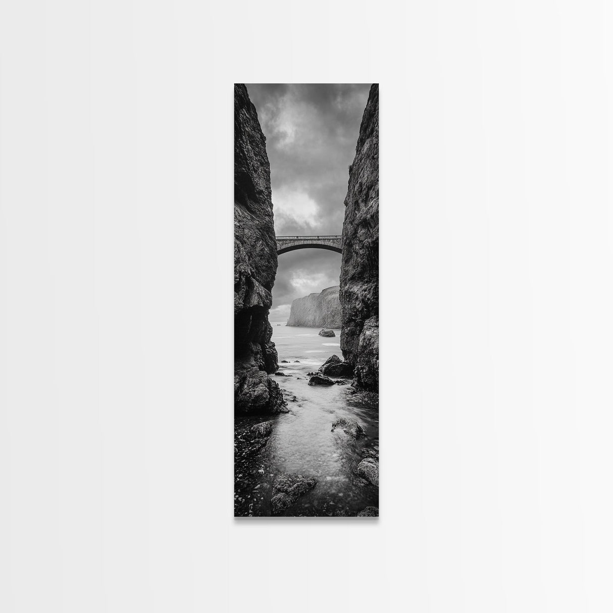 Sea Arch, Cliff Bridge, Coastal Landscape, Dramatic Ocean View, Black and White Framed Canvas Print, Bathroom Art, Hallway Wall Art