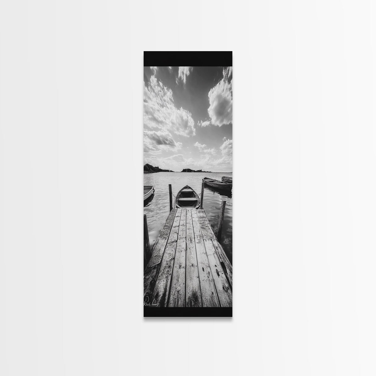 Docked Rowboat, Calm Waters, Rustic Pier, Serene Lake View, Framed Canvas Print, Black and White Coastal Art, Bedroom Wall Decor