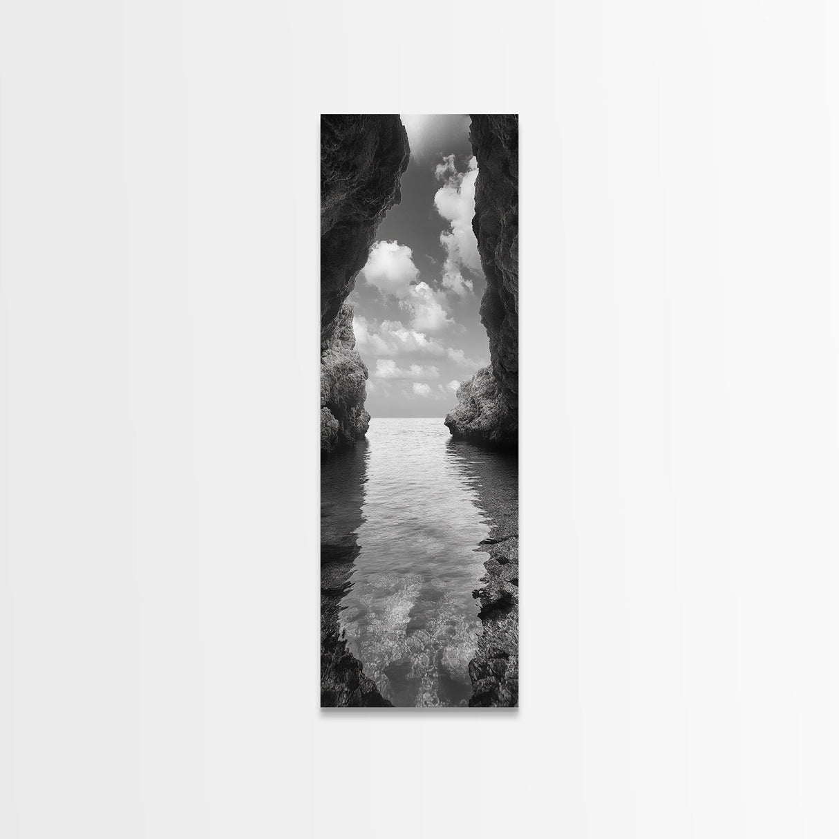 Ocean Cave, Tranquil Waters, Cloudy Sky, Coastal Wall Art, Canvas Print, Black and White Nature Decor, Modern Beach House Wall Art