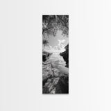 Island Cove, Palm Tree, Peaceful Sea, Tropical Coastline, Black and White Framed Canvas Print, Boho Beach Wall Art, Bathroom Decor