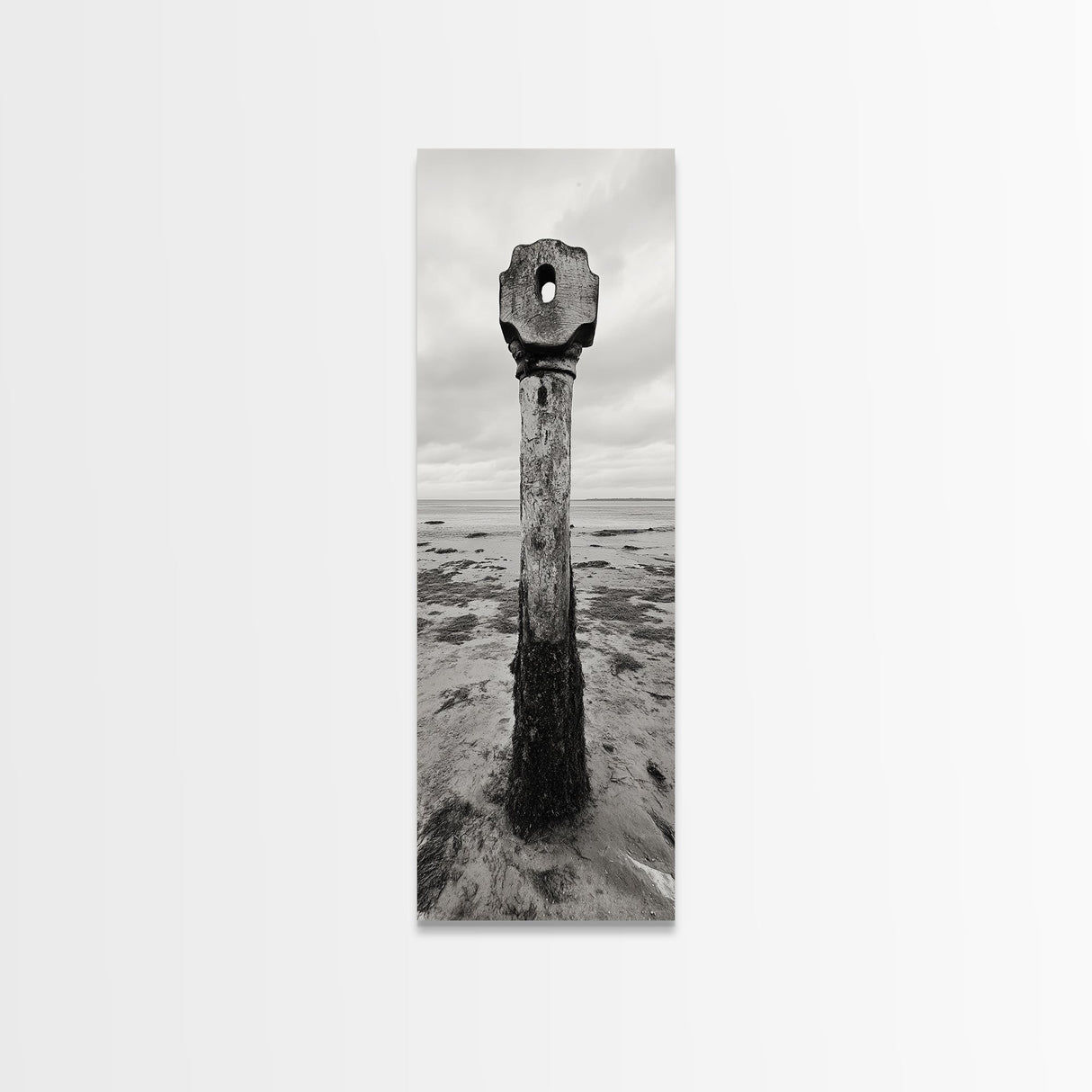 Driftwood Totem, Coastal Pillar, Ocean Beach Monochrome, Framed Canvas Print, Rustic Wall Art, Boho Bedroom Decor, Nature Photography